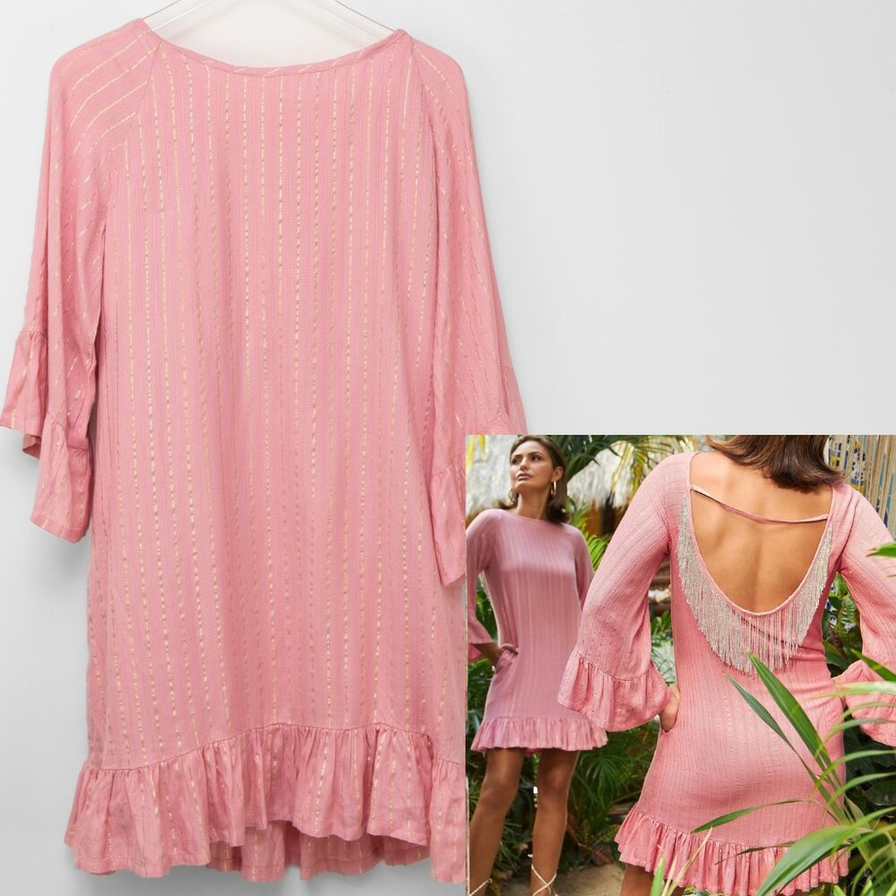 Boston Proper Embellished Fringe Dress Mini Pink Gold Metallic Size Medium New